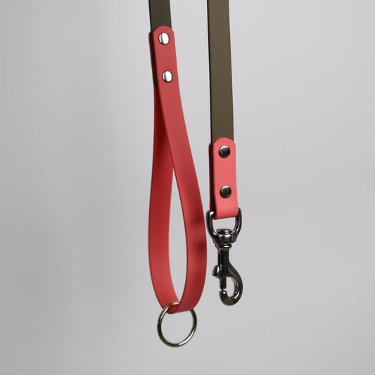 Laisse pour chien bicolore personnalisable en Biothane et laiton, militaire et corail