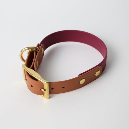 Collier chien personnalisable bicolore en biothane et laiton. marron et bordeaux
