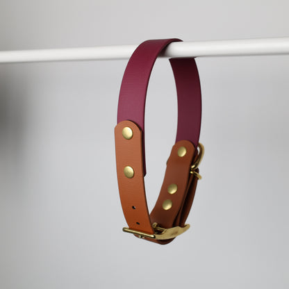 Collier chien personnalisable bicolore en biothane et laiton. marron et bordeaux