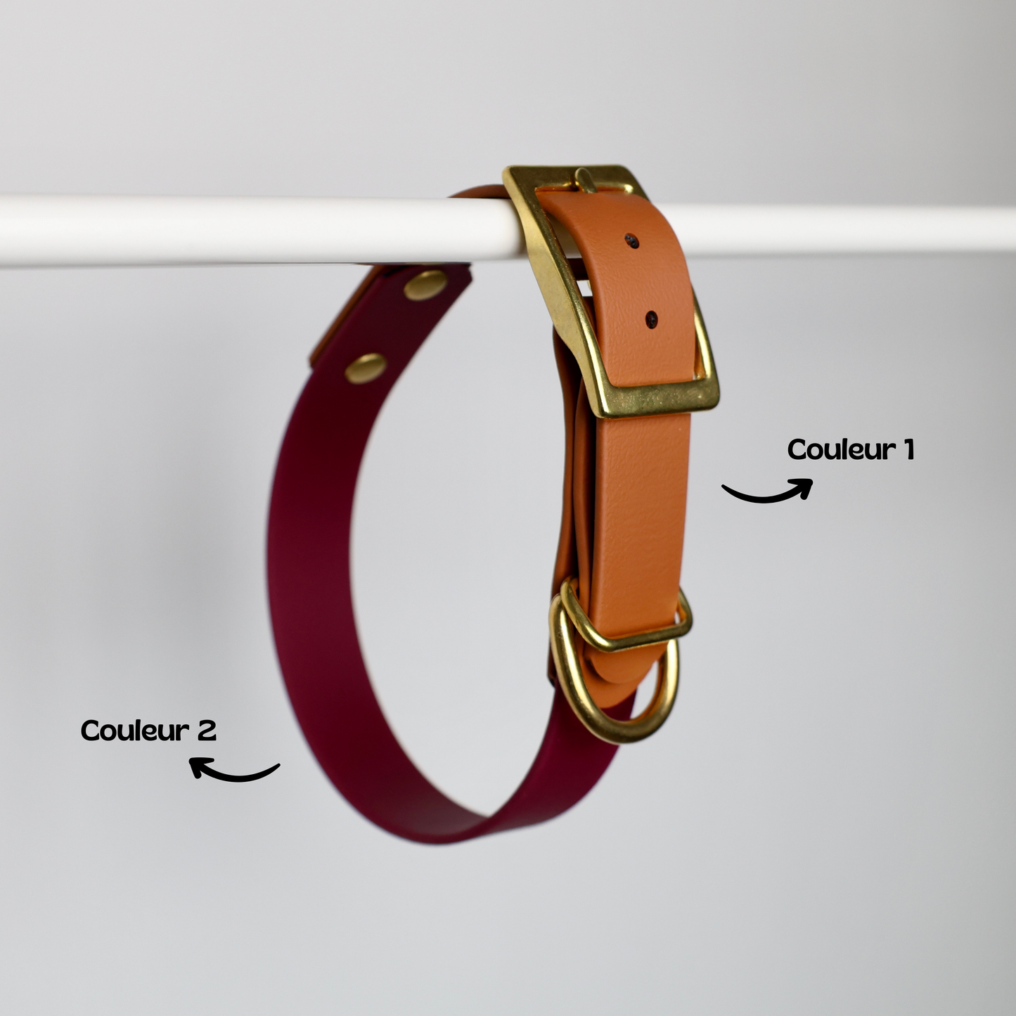 Collier chien personnalisable bicolore en biothane et laiton. marron et bordeaux