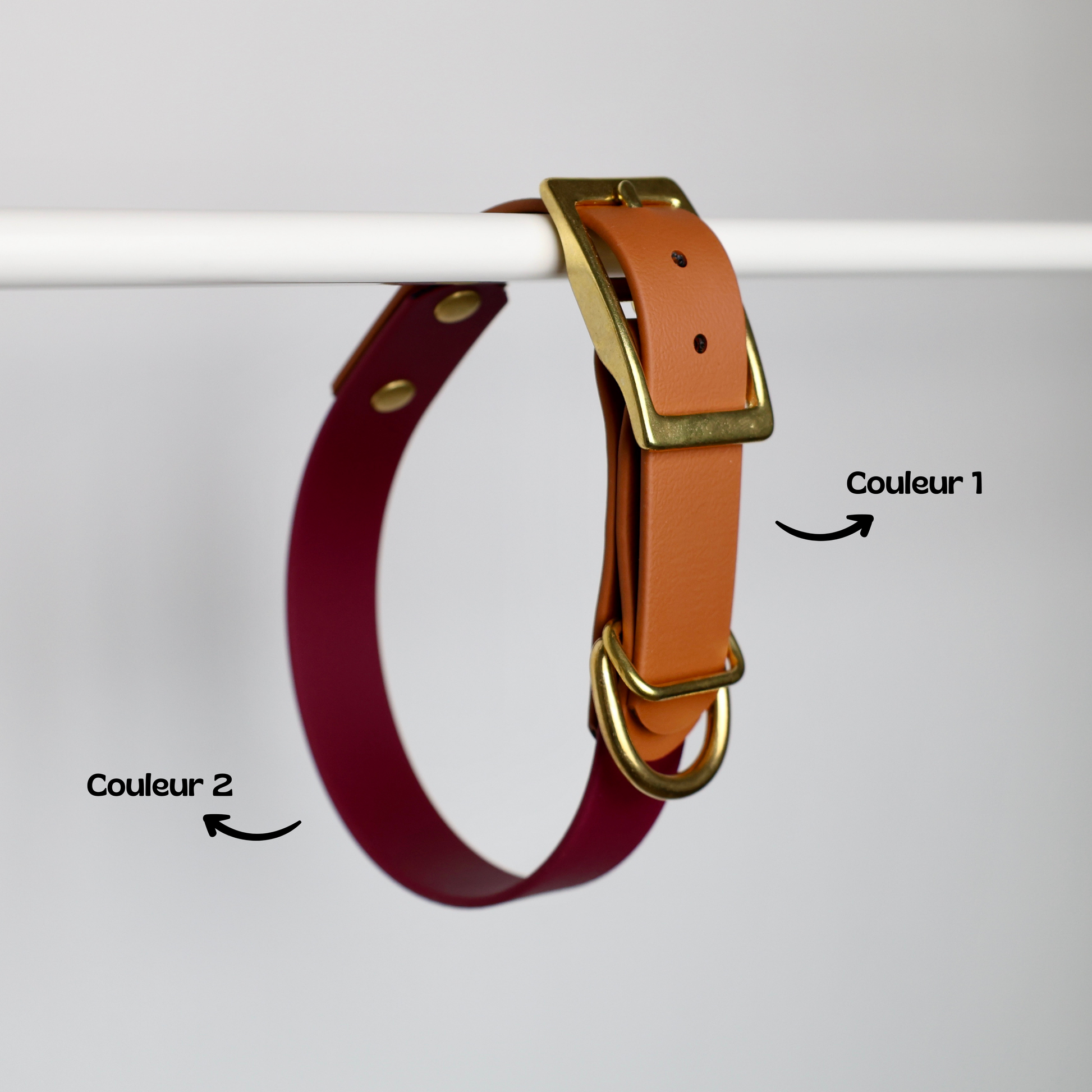 Collier chien personnalisable bicolore en biothane et laiton. marron et bordeaux