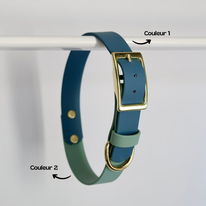 Collier bicolore pour chien personnalisable en Biothane et laiton, fabrication française. 