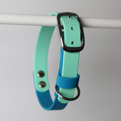 Collier bicolore pour chien personnalisable en Biothane et laiton, fabrication française.