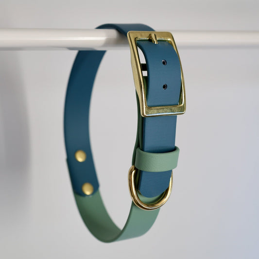 Collier bicolore pour chien personnalisable en Biothane et laiton, fabrication française.