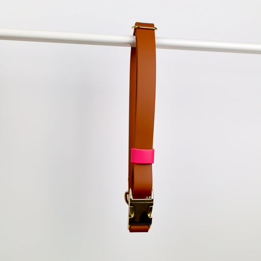 Collier à clip pour chien, en Biothane et laiton, personnalisable, sur mesure. Doré marron et rose