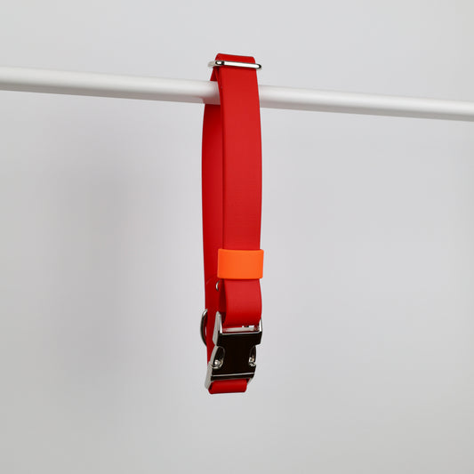 Collier à clip pour chien, en Biothane et laiton, personnalisable, sur mesure. Rouge, orange argenté