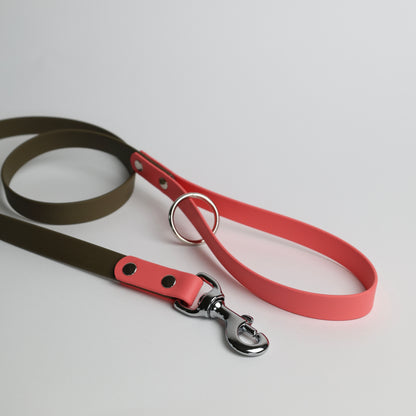Laisse pour chien bicolore personnalisable en Biothane et laiton, militaire et corail