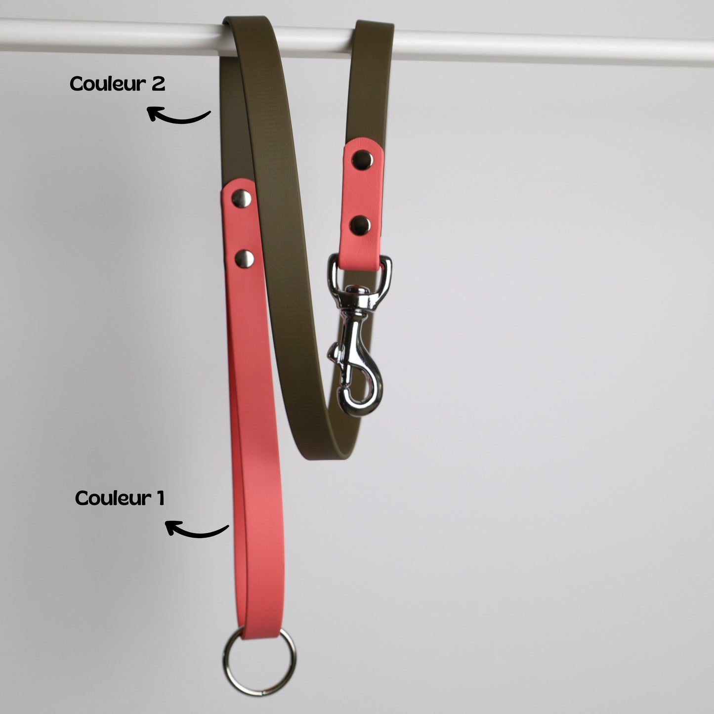 Laisse pour chien bicolore personnalisable en Biothane et laiton, militaire et corail