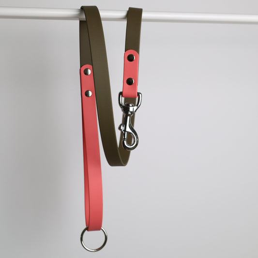 Laisse pour chien bicolore personnalisable en Biothane et laiton, militaire et corail
