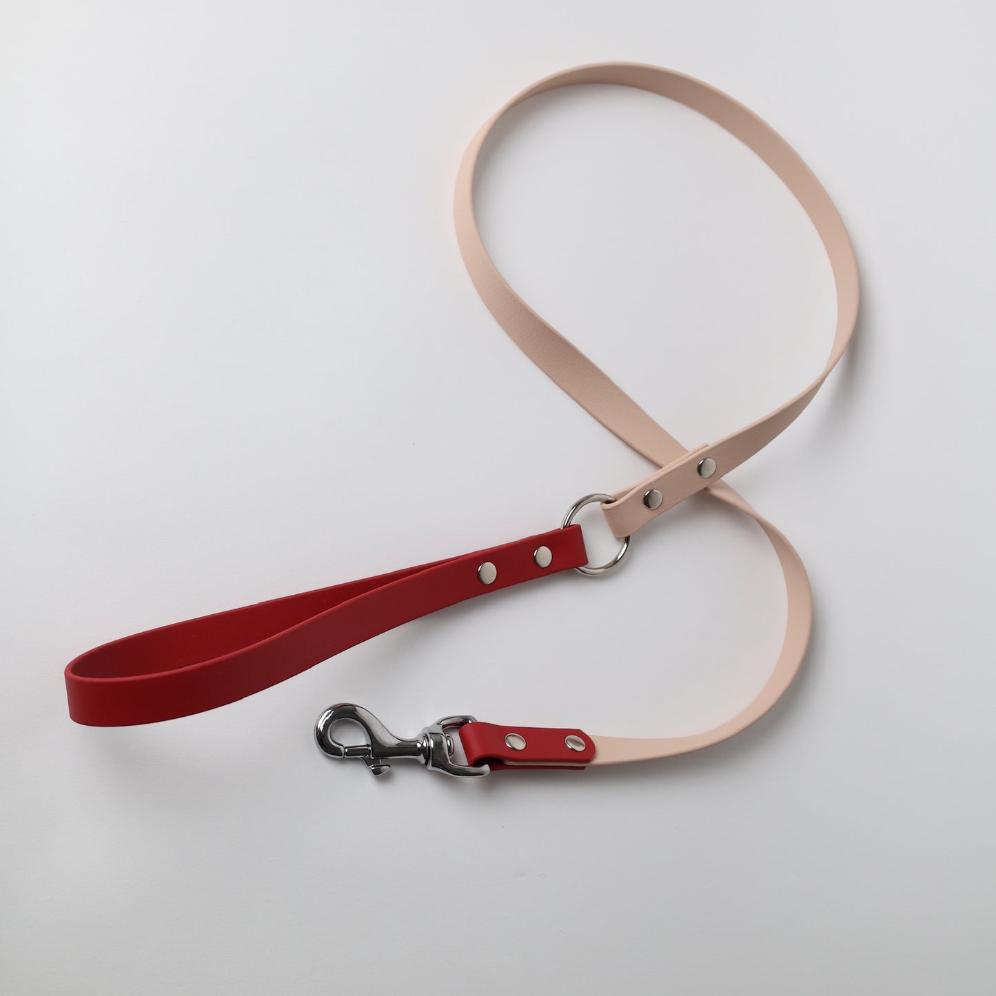 Laisse bicolore pour chien personnalisable en Biothane et laiton, poudre et crimson