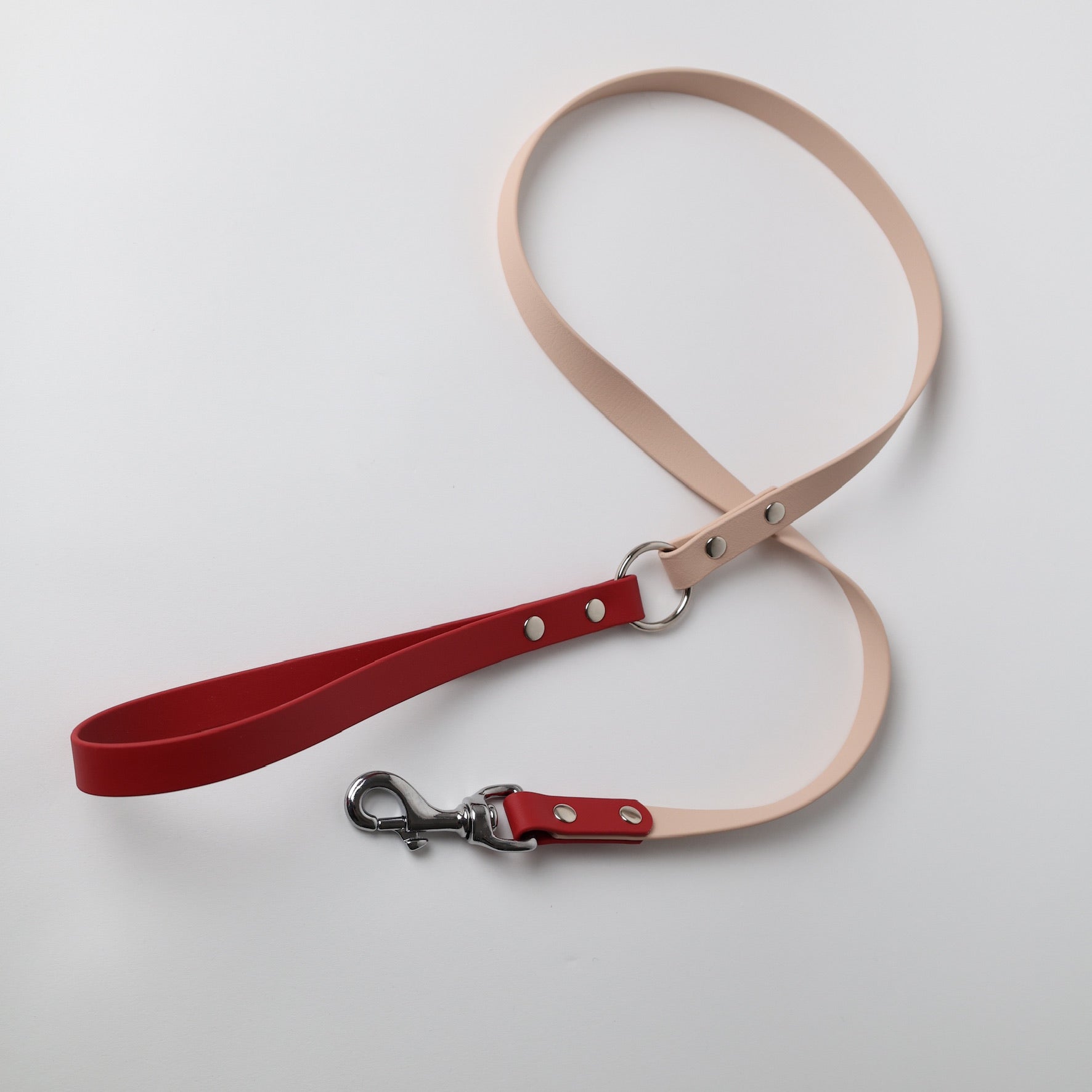 Laisse bicolore pour chien personnalisable en Biothane et laiton, poudre et crimson