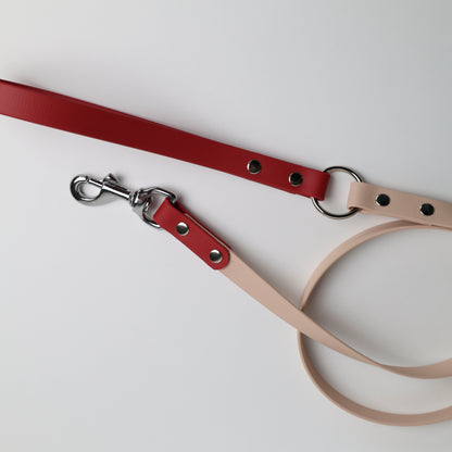 Laisse bicolore pour chien personnalisable en Biothane et laiton, poudre et crimson
